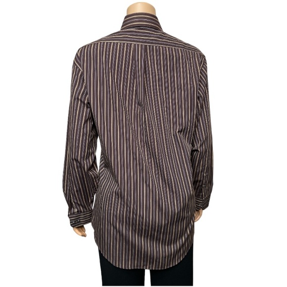 Arrow Casual Striped Dress Shirt Fitted Wrinkle Free Brown Tan - Picture 4 of 17
